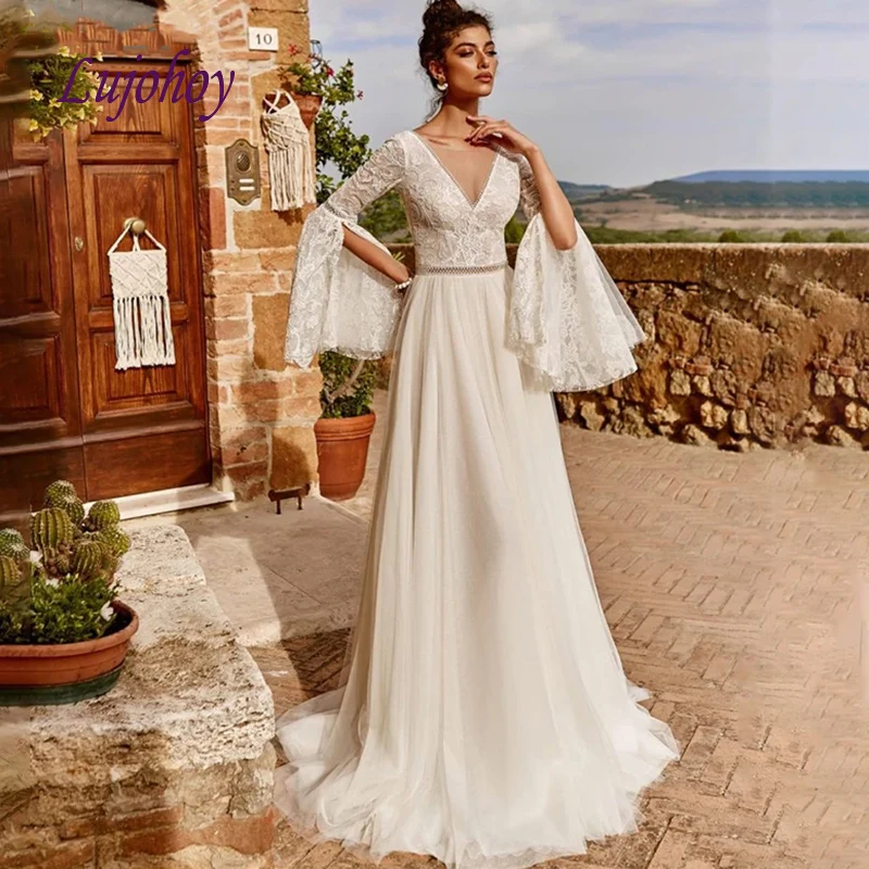 

Сексуальные кружевные свадебные платья с длинным рукавом, женское платье невесты из фатина цвета белой/слоновой кости в африканском стиле