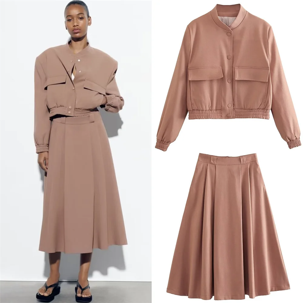 Women Flying Jacket Long Skirt Set Spring Big Pocket Long Sleeve Single Breasted Coat Loose Midi Skirt Female Outerwear Suit