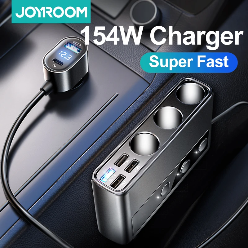 

Joyroom 154W 9 in 1 Car Charger Adapter 3 Socket Cigarette Lighter Adapter with PD/Dual QC 3.0 Ports Phone Charger for All Phone