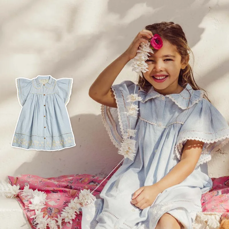 

2023 Luxury Summer Daily Dress for Children Kids BC Brand Niche Design Embroidery Dresses Infants Blue Striped Printed Frocks