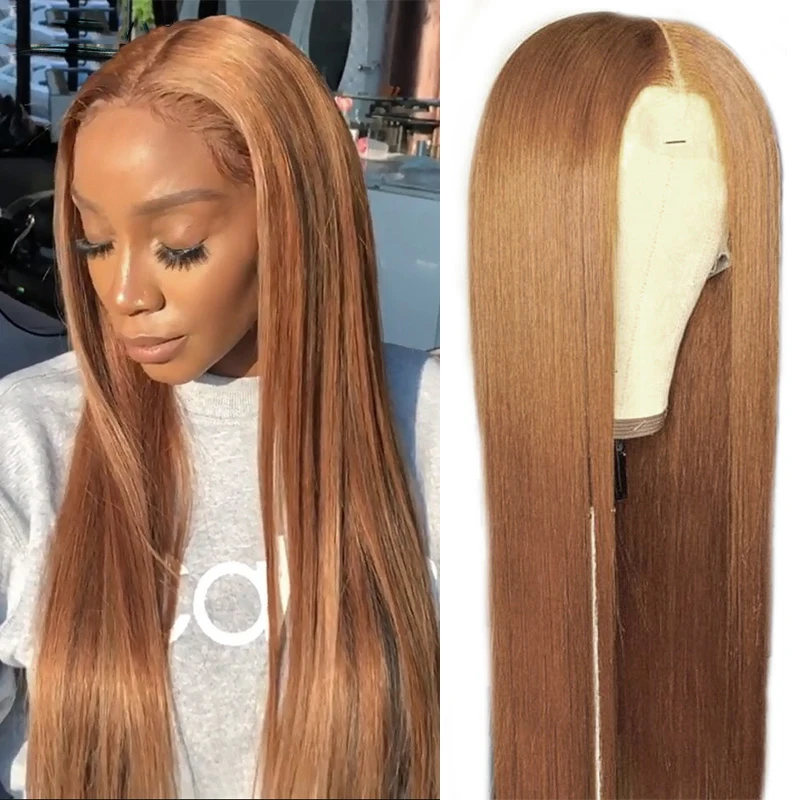 4x4 Transparent Lace Closure Wig Quality Remy Human Hair #30 Ginger Brown Straight 180% Density Long Silky Straight 20-26 inch