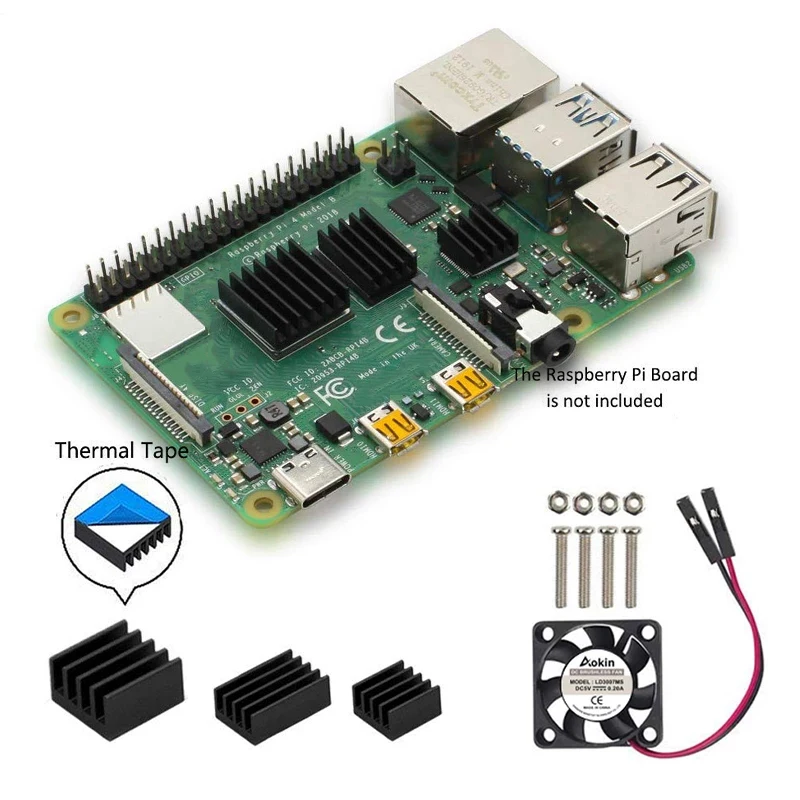 

Комплект для охлаждения Raspberry Pi 4 с теплоотводом и 8810 теплопроводящей клейкой лентой для вентилятора Pi 4 модели B/Pi 4B + Raspberry Pi 4