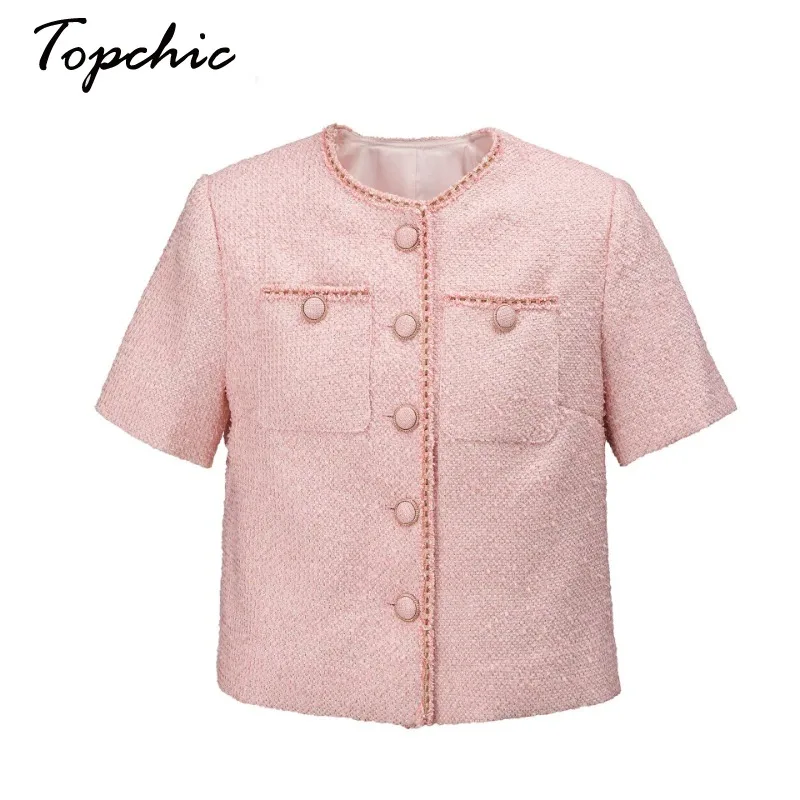 

Женское шерстяное пальто, розовое дизайнерское элегантное твидовое пальто с круглым вырезом и коротким рукавом, Осень-зима 2023