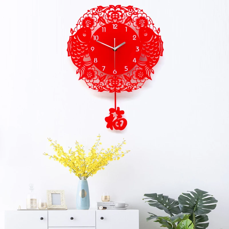 

Aesthetic Plastic Wall Clock Battery Red Fu Precise Pendulum Wall Clock Chinese Personalised Reloj Pared Bedroom Decor OC50GZ