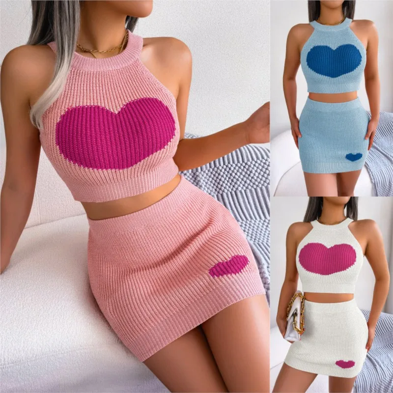 

Comfortable Spring/Summer Leisure Love Contrast Color Sleeveless Open Umbilical Sexy Top Comfortable Wrap Hip Skirt Two Piece