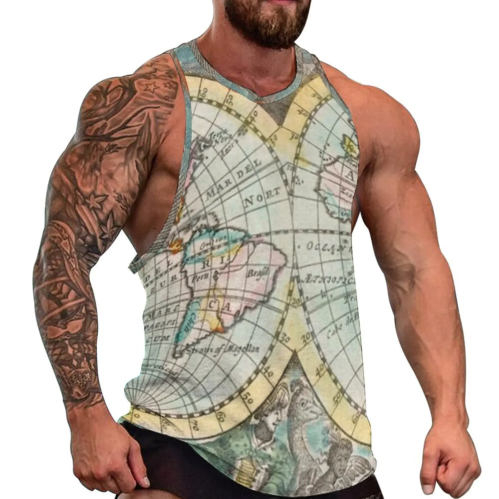 

Майка мужская с принтом карты земли, винтажный Топ оверсайз с принтом карты мира, Пляжная крутая рубашка без рукавов, индивидуальный пошив