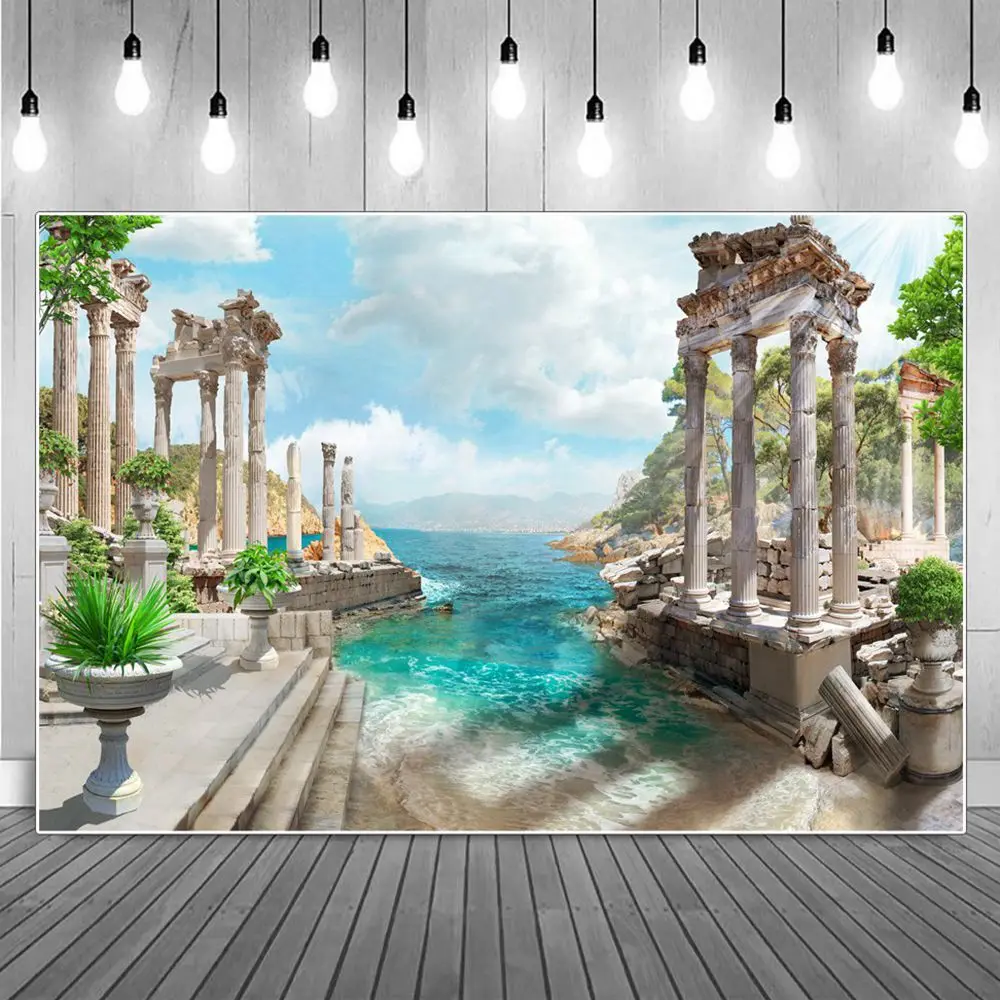 

Seaside Lost Temple Ruins Photography Backgrounds Clouds Island Bay Plant Pots Holiday Party Home Decoration Photocall Backdrops
