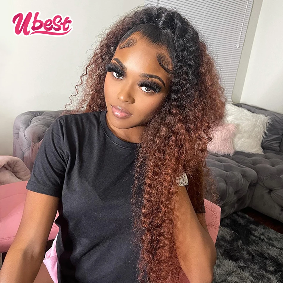 30 Inch Curly Lace Front Wig Ombre Colored 1B Brown Human Hair Wig Transparent 13x4 Lace Frontal Wig Pre Plucked Brazilian Wigs