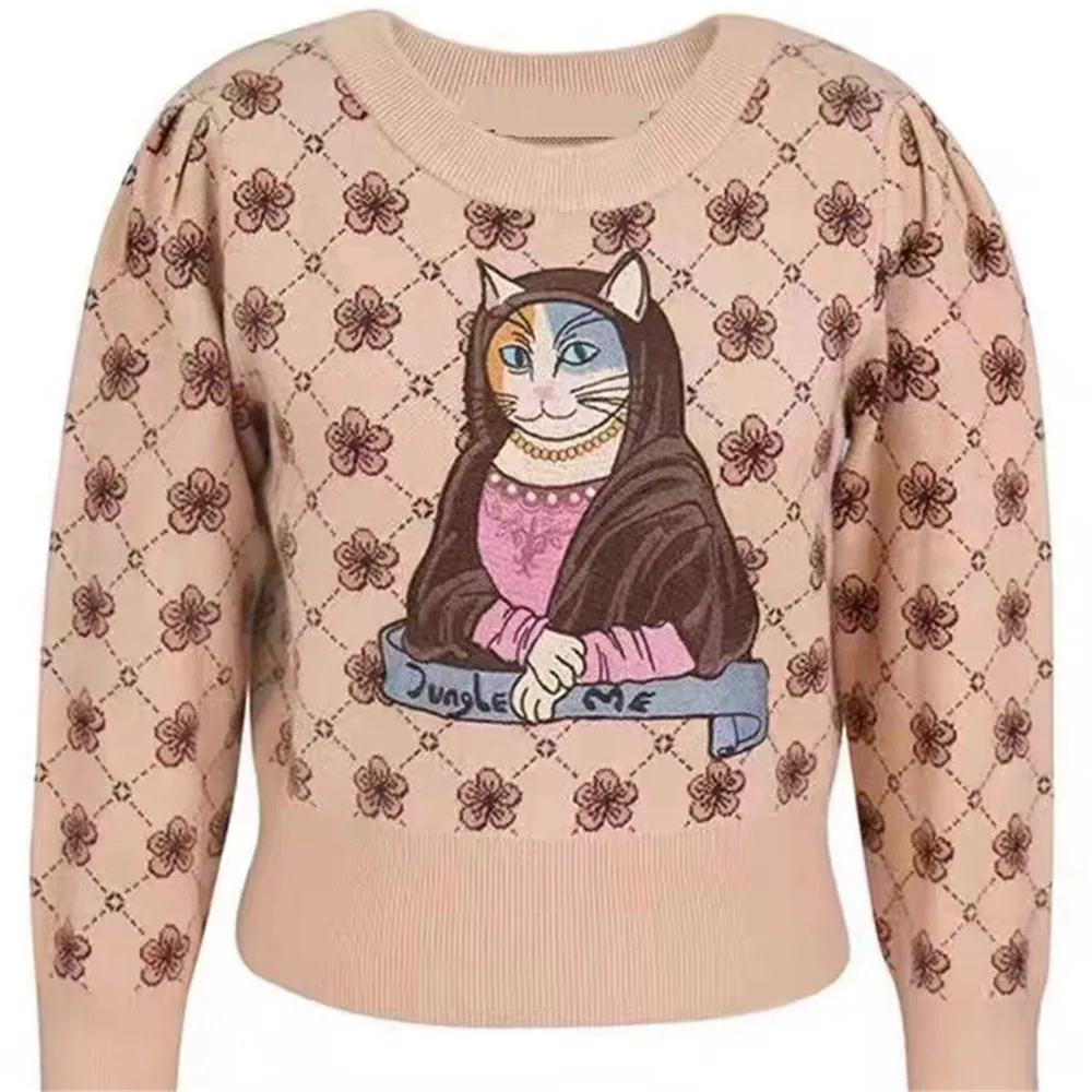 

2023 Ретро Дворцовый стиль взрывчатый клетчатый свитер цветочный вязаный Топ осень-зима ощущение маленького ленивого кота 277