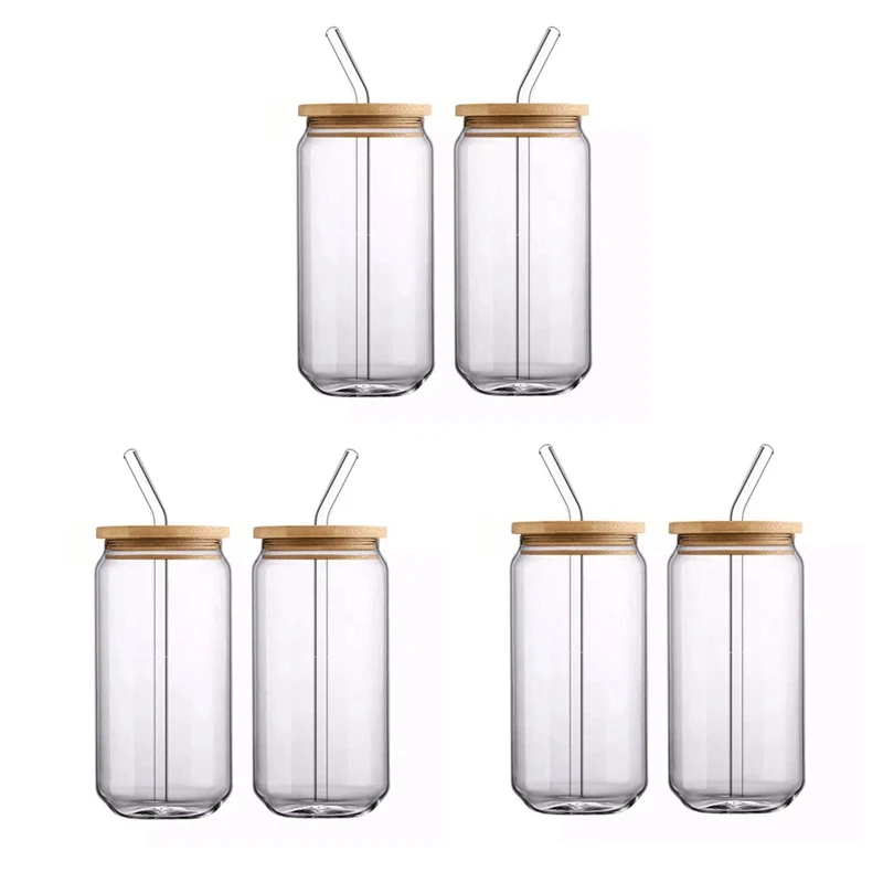 

New [ 6Pcs Set ] Glass Cups With Bamboo Lids And Glass Straw - Beer Can Shaped Drinking Glasses, 16 Oz Iced Coffee Glasses