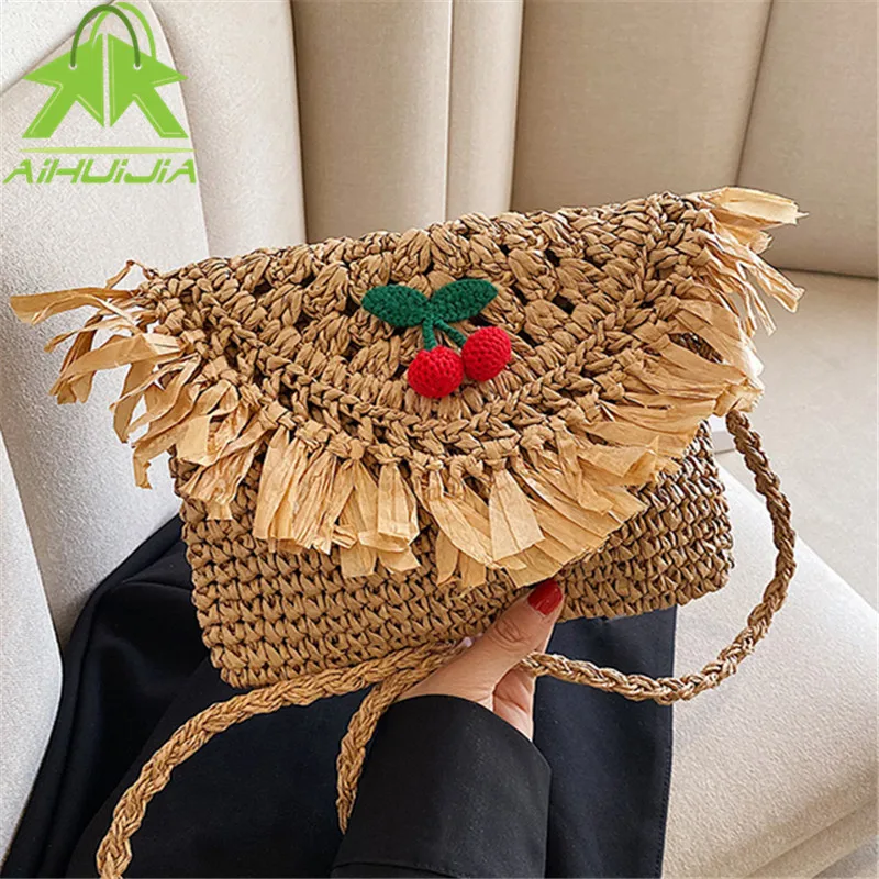 

2022 новые летние соломенные сумки ручной работы, модные маленькие пляжные сумки с кисточками, плетеные сумки из ротанга, сумки через плечо дл...