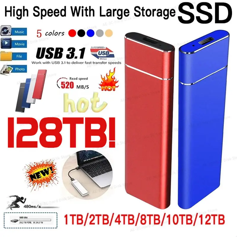 

Оригинальный высокоскоростной внешний жесткий диск объемом 128 ТБ, 64 ТБ, 3 Φ, 16 Тб, 8 ТБ, USB 3,1/Type-C интерфейс, массовое хранение