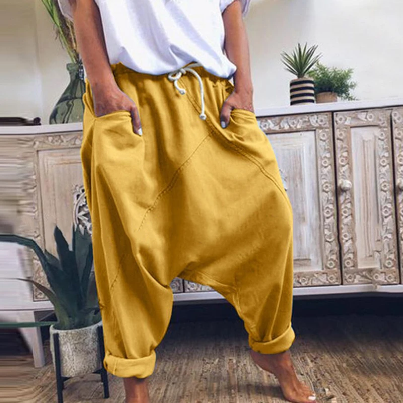 Women Harem Pants Trousers Boho Mid Waist Pants Women Solid Check Pants Baggy Wide Leg Casual Capris