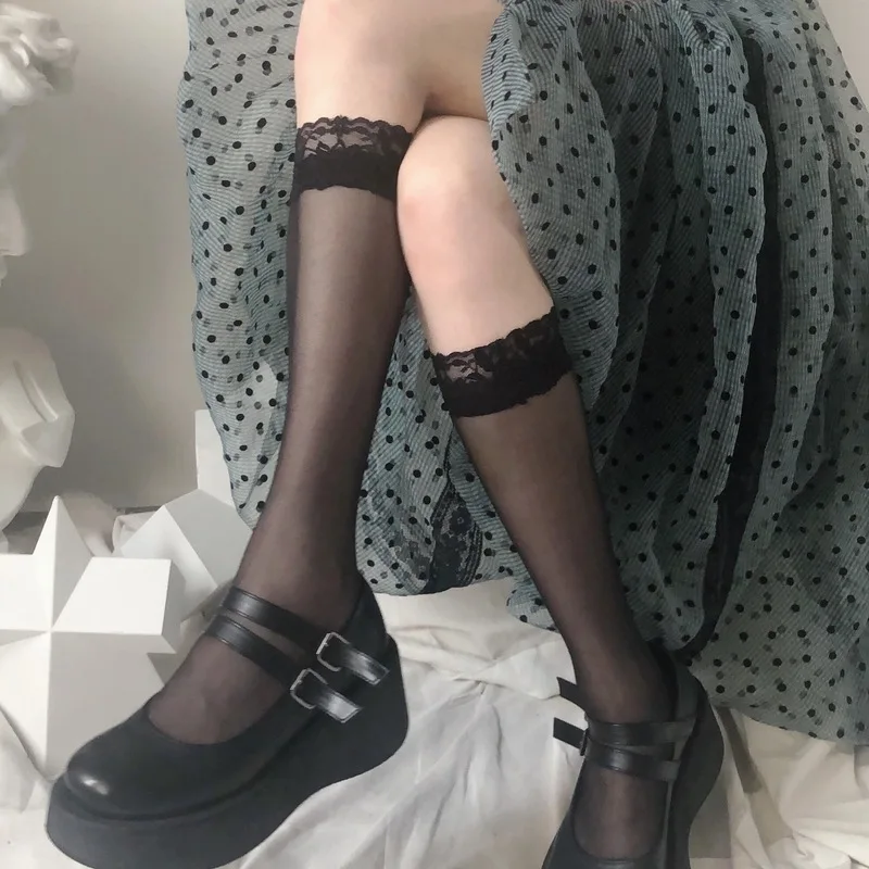 

Young Girl High Knee Socks Long Socks Sexy Lace Women Transparent High Elastic Stockings Kawaii Socks