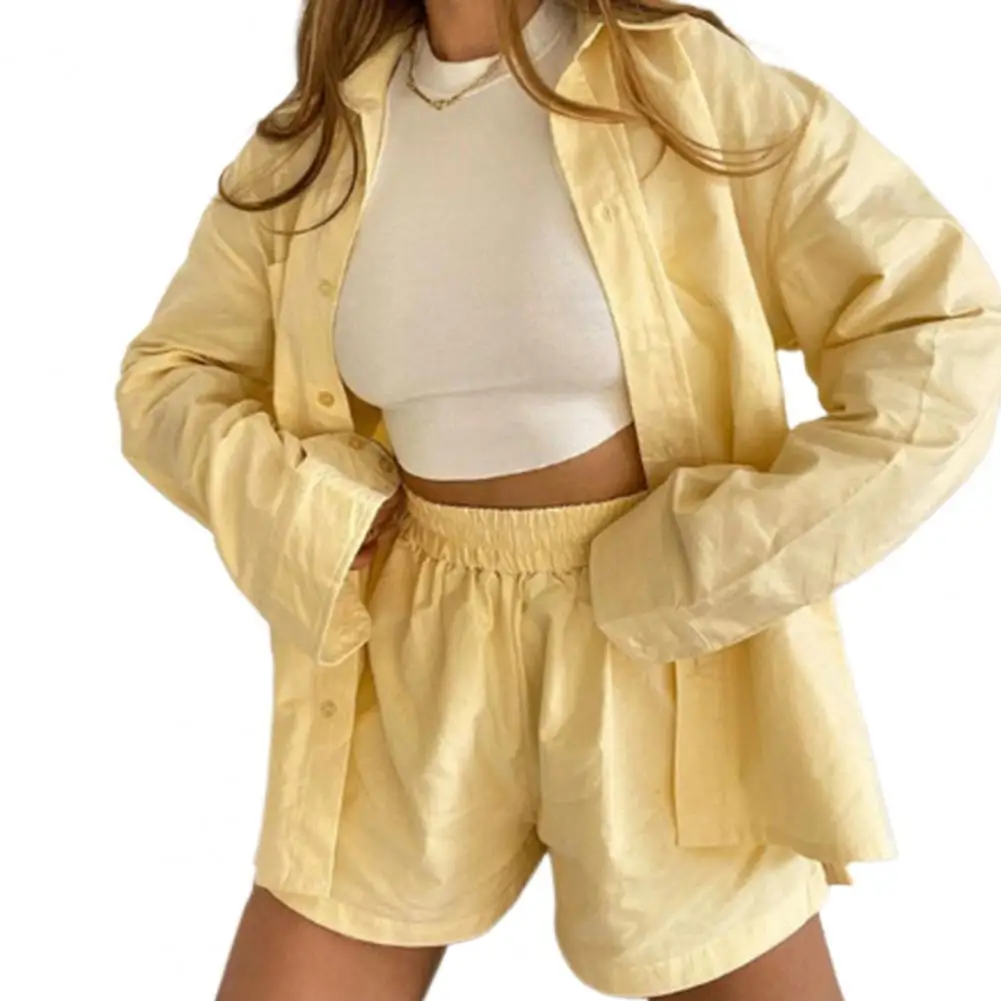 

2Pcs/Set Top Shorts Set Women Casual Turn-down Neck with Pockets Striped Design Women Outfit Two Piece Sets 2022 for Daily Wear