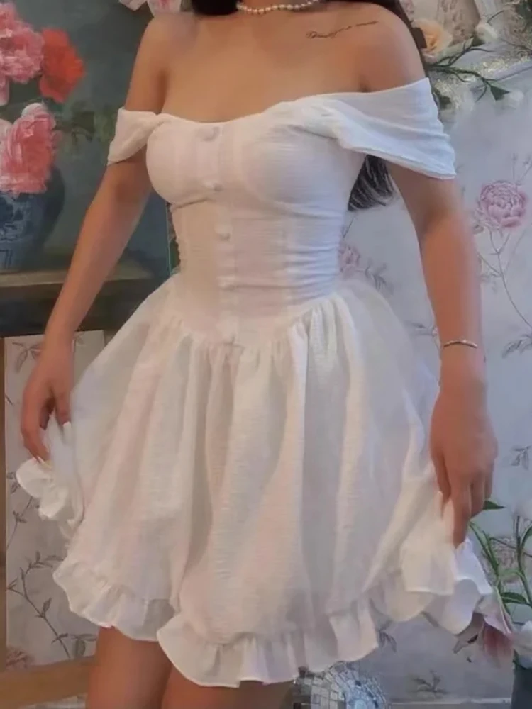 

Merodi Chic Lady Fashion Single Breasted Back Zipper High Waist White Mini Dress Girls Summer Spaghetti Strap Slim Blend Dress