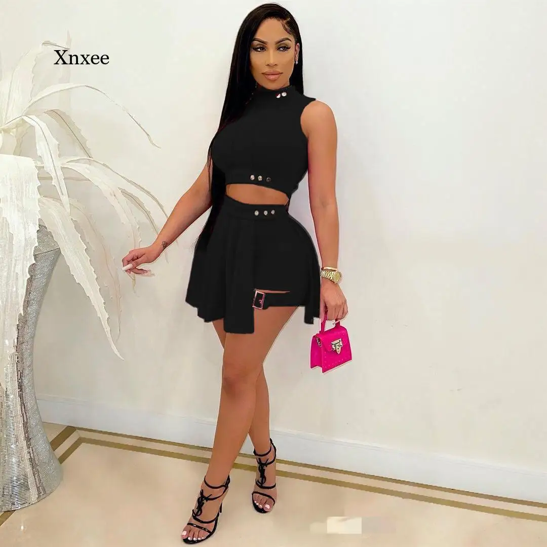 Женские шорты с высокой талией юбка футболка без рукавов на пуговицах комплект