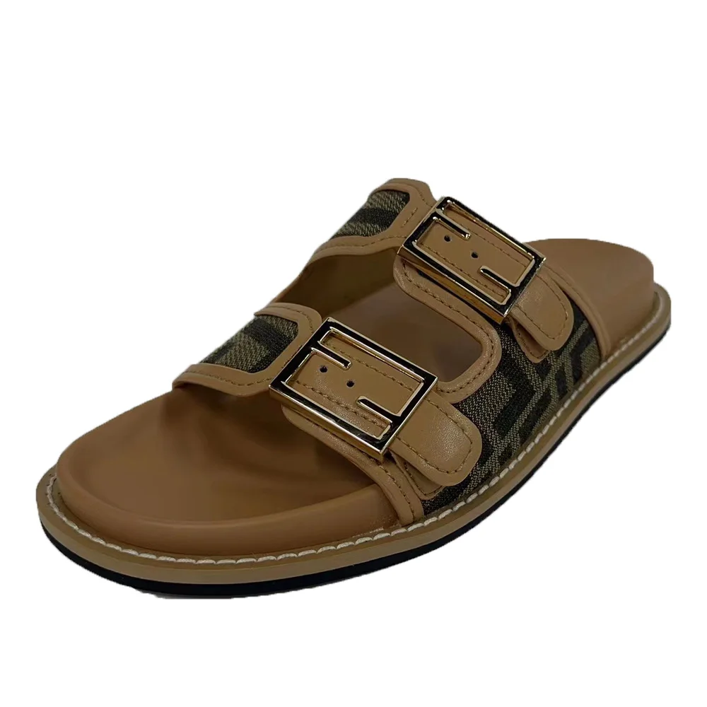 

2023 Summer Ltalian Designer Luxury Fashion Double Strap Flat Metal Men's And Women's Leather Casual Sandals