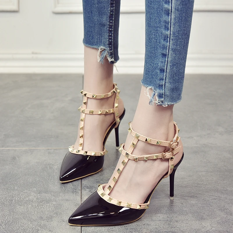 

Туфли женские с заклепками, сандалии на высоком каблуке 6 см/8 см, толстая подошва, заостренный носок, пикантная обувь на шпильке