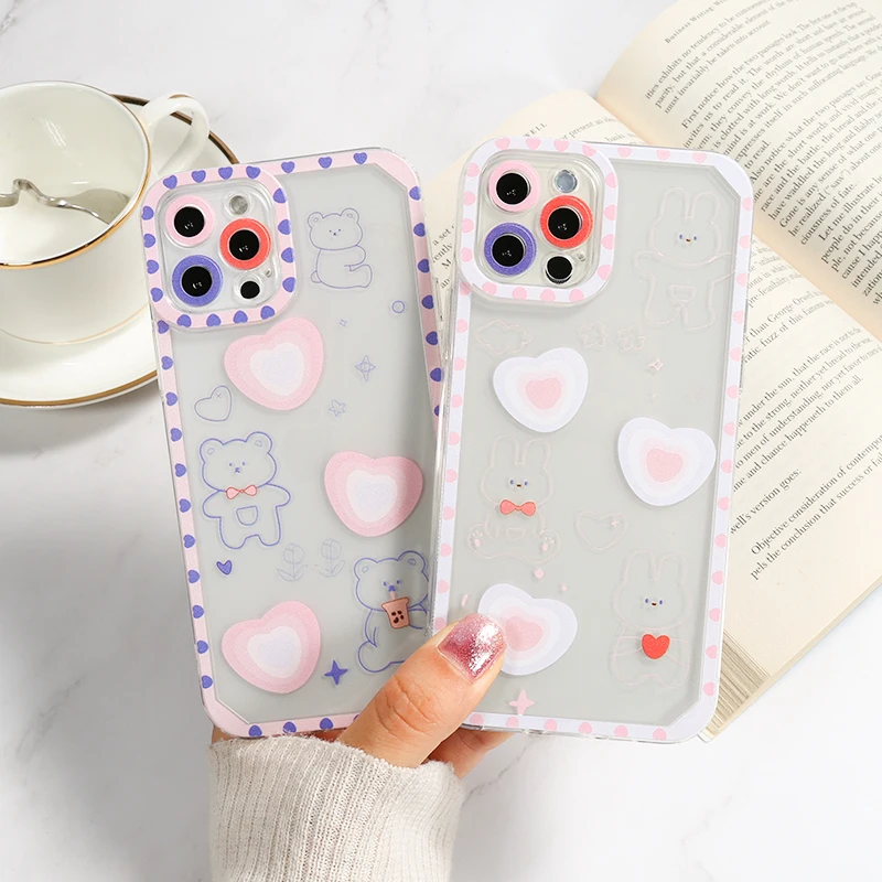 coque for iphone 11 Case Love Heart Bear Cover Iphone 12 13 Pro Max X XS Max 7 8 6 6S Plus SE 2020 Shell Camera Protection Cover