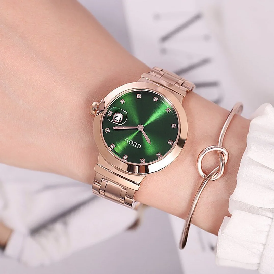 Fashion Guou Top Brand Women Full Stainless Steel Quartz Watches Higher Cost Quality Watch Female Calendar Wristwatches Girls