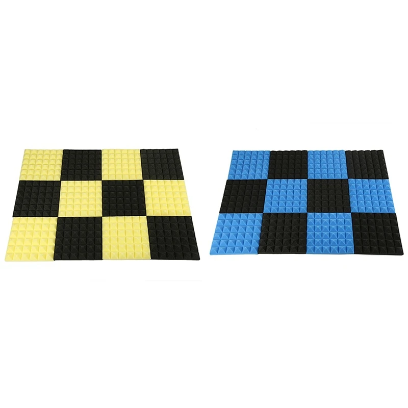 

24 Pcs Charcoal Acoustic Foam Tiles Soundproofing Foam Panels Studio Sound Padding-Black+Blue & Black+Yellow
