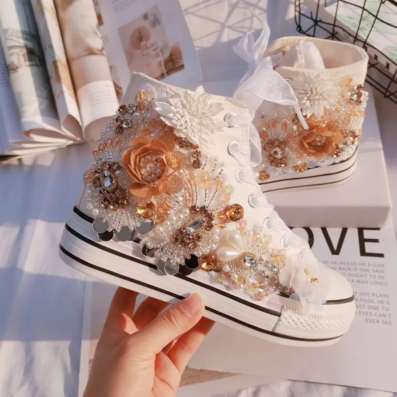 Thick-soled sports canvas shoes handmade heavy-duty beaded rhinestone sequins to increase flowers leisure and comfort 35-40