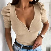 women blouse new 2022 casual v neck slim ribbed bodycon top puff short sleeve solid color lady blouse workwear