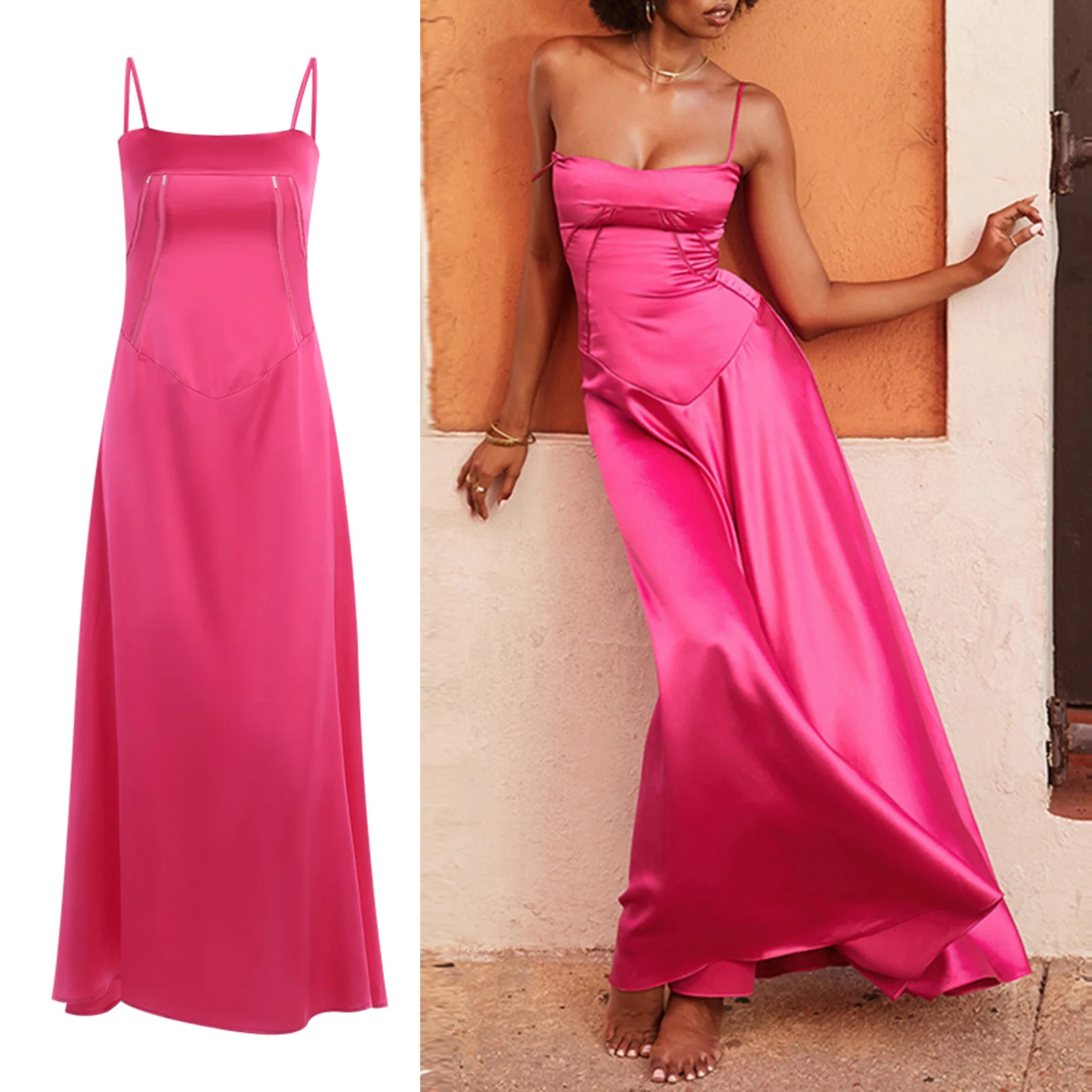 

Облегающее Сексуальное Женское Платье из искусственного шелка, атласное платье розового цвета, женское платье-макси с открытой спиной, Сексуальные вечерние платья на молнии сзади, лето 2023