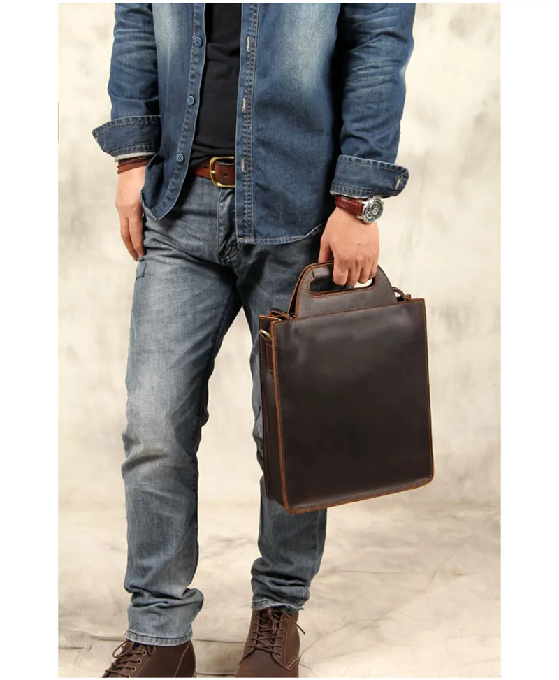 Retro fashion high quality crazy horse leather men's vertical document handbag simple business cowhide shoulder messenger bag