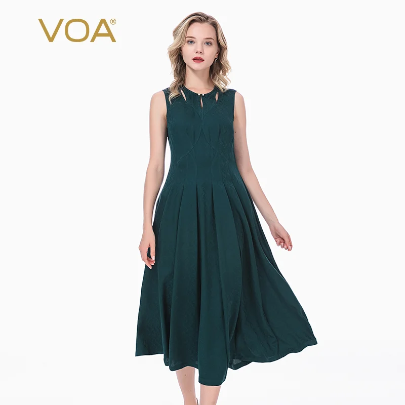 

VOA Silk 22m/m Green Jacquard O-neck Beaded Buckle Tucker Pleats Dresses Women Panel Cutout Sleeveless Expandable Dress AE183