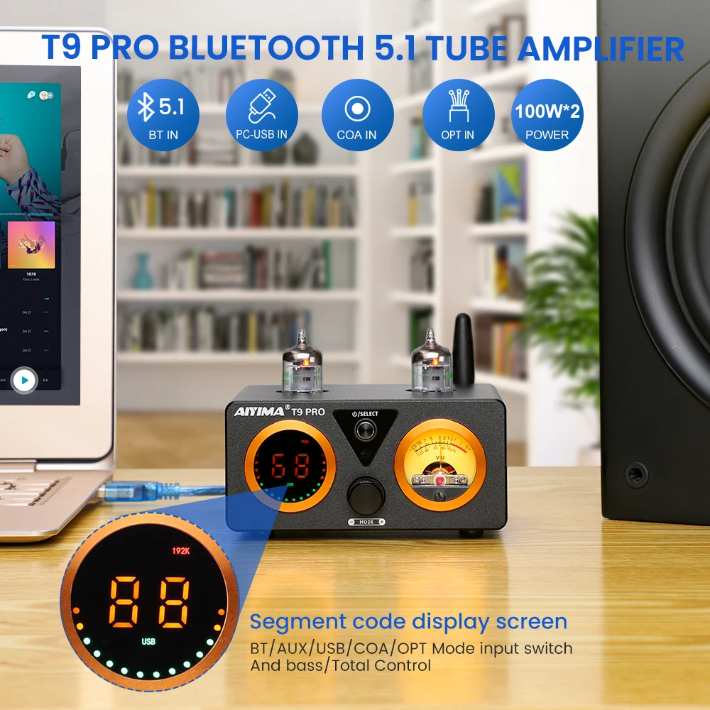 AIYIMA T9 PRO HiFi Bluetooth ламповый усилитель VU измерительный стерео мощности USB DAC COAX OPT Home