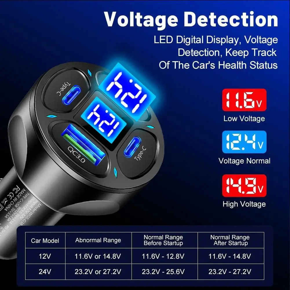 

Car Charger Fast Charging 66w2usb+2type-c Digital Display Charger Is Charging Piece Convenient To Car Support Of Generat Ca B6j8