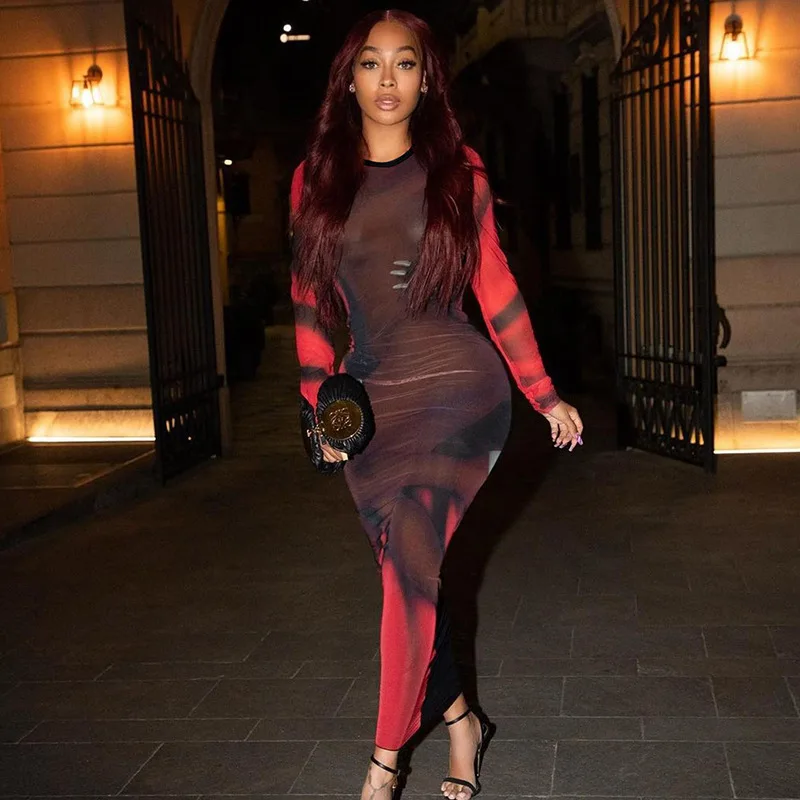 

Female Prom Dress Long Dresses for Womens 2023 Spring Long Sleeve Patchwork Sexy Club Print Clothes Slim Kleider Robes Longues