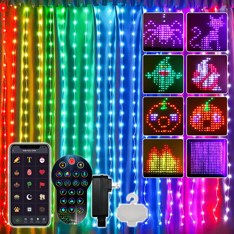 LED Smart RGB Color Smart Curtain String Light Bluetooth APP Control Christmas Fairy Light DIY Picture Display Garland Decor