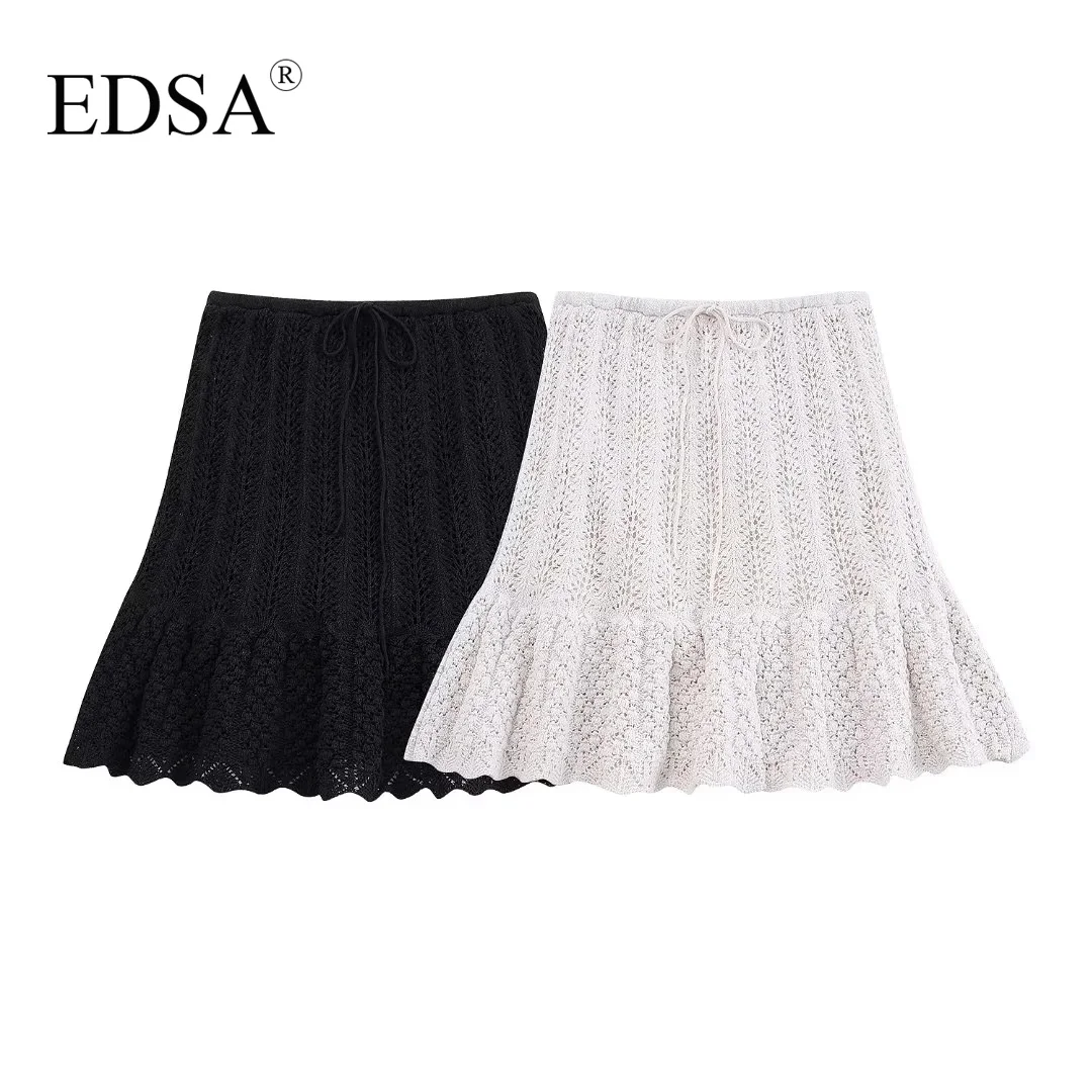 

EDSA Women Elegant Pointelle Knit Mini Skirt Summer High Waist Adjustable Elasticated Waistband with Drawstrings Ruffled Hem
