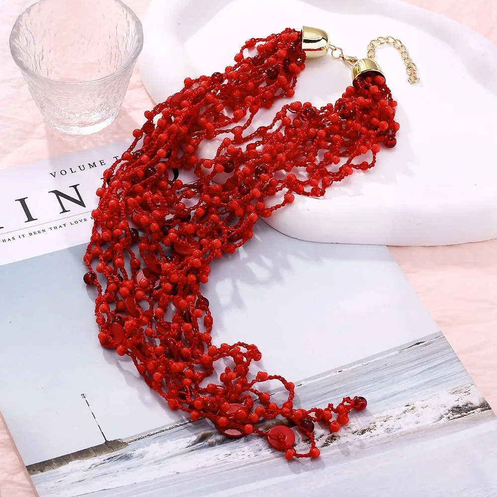 Уникальное ожерелье ZA в форме водопада с красными бусинами и ракушками для