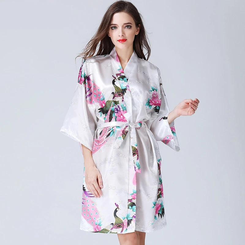 2022 Spring Summer New Ladies Silk Satin Thin Robes Kinomo Style Floral Printed Sleepwear Sexy Nightgown Femme Satin Homewear