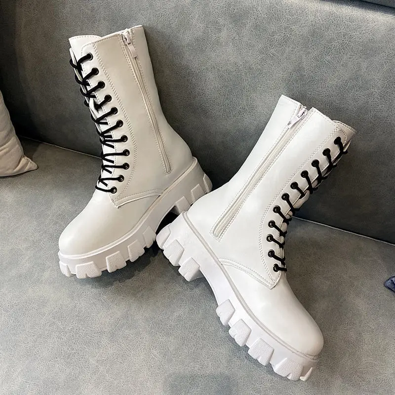 

Ytmldy 2022 New Mid Calf Boots Women Autumn Winter Fashion Lace-up Zipper Botas Mujer Boots Sports Platform Heel Ladies Shoes