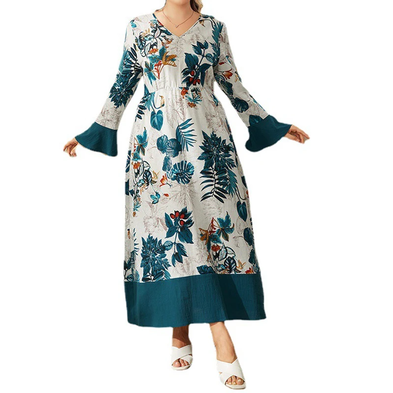 New Muslim Women's Dress Fashion V-Neck Trumpet Sleeve Floral Print Dress Dubai Arab Turkey Islam Femme Elegant Gown Vestidos