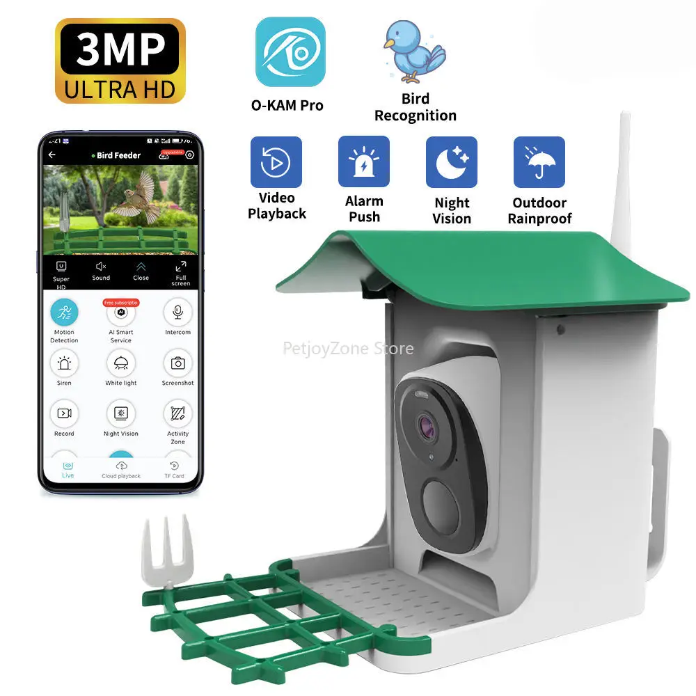 Фото OEM 3 МП O-KAM WIFI Камера-кормушка для птиц с цветным ночным видением, датчиком движения PIR, распознаванием AI (более 10000 видов), на солнечной энергии №1