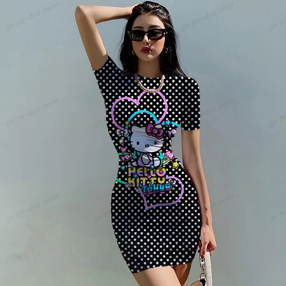 

Женская облегающая юбка, новый дизайн, облегающая юбка с принтом HELLO KITTY, летняя сексуальная юбка, юбка миди, пляжное платье, мини-платье с круглым вырезом