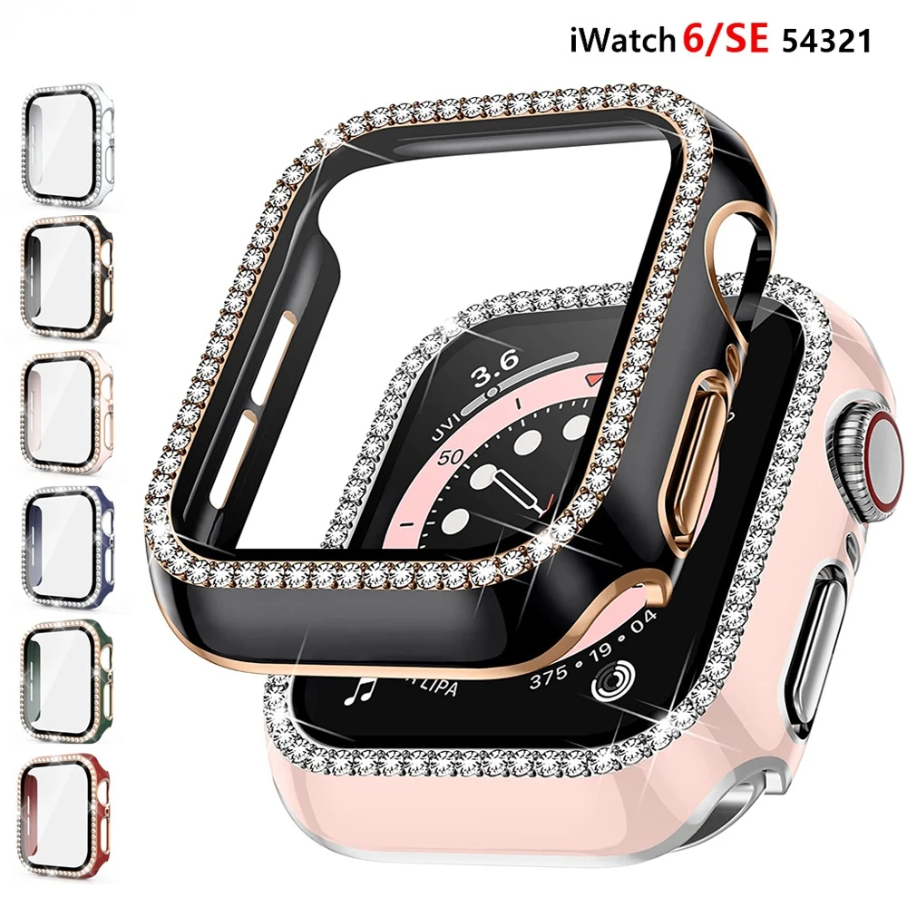 

Bling Glass+Cover For Apple Watch case 40mm 44mm 42mm 38mm iWatch Diamond bumper+Screen Protector Apple watch serie 3 4 5 6 SE