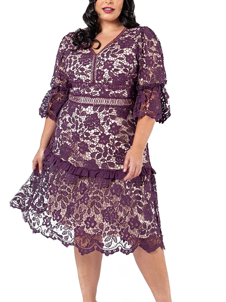 

4XL Plus Size A Line Dresses Women Half Sleeve High Waist Knee Length Ropa Mujer Summer New Lace Hollow Sexy Oversize Dress 2022
