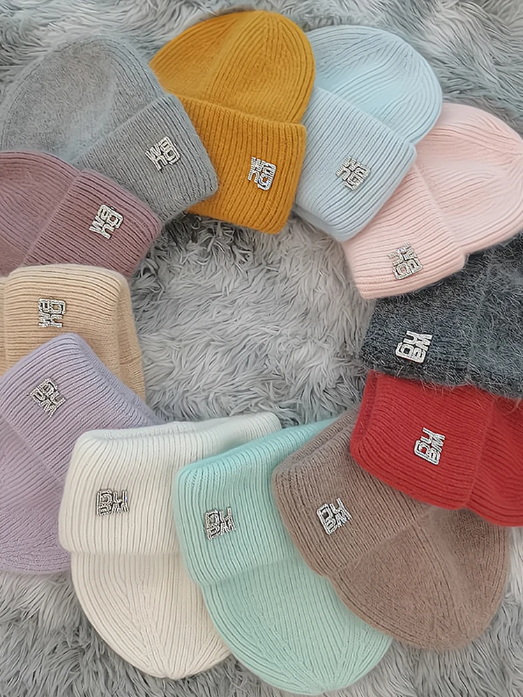 

Winter Hat Winter Angora Rabbit Fur CapThickened Knitted Hat Women's Warm Fashion Hat Wang Letter Rhinestone Pullover Ear Hat