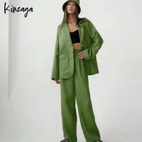 elegant loose green blazer 2 piece set women notched collar tops high waist straight pants suits black pink wide leg trouser set