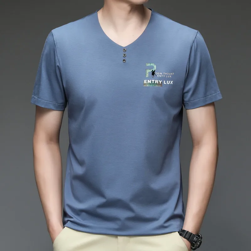 

Hot Fashion Slim Fit Sexy Men Summer Cotton Tshirt Short Sleeve Embroidery V-Neck Button Soft Casual Streetwear