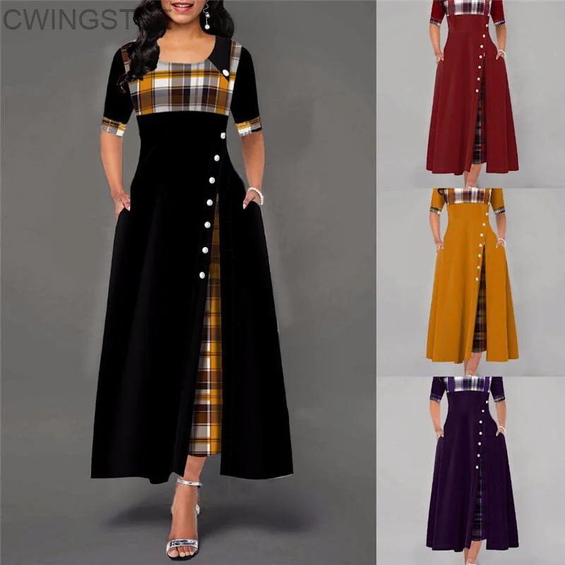 

2023 Women's Fashion Half Sleeve Plaid Print Button Detail Maxi Dress