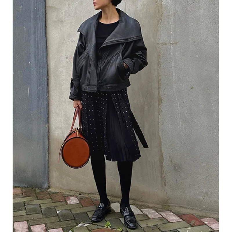 Кожаная куртка женская весна осень личи из овчины с большими лацканами винтажные