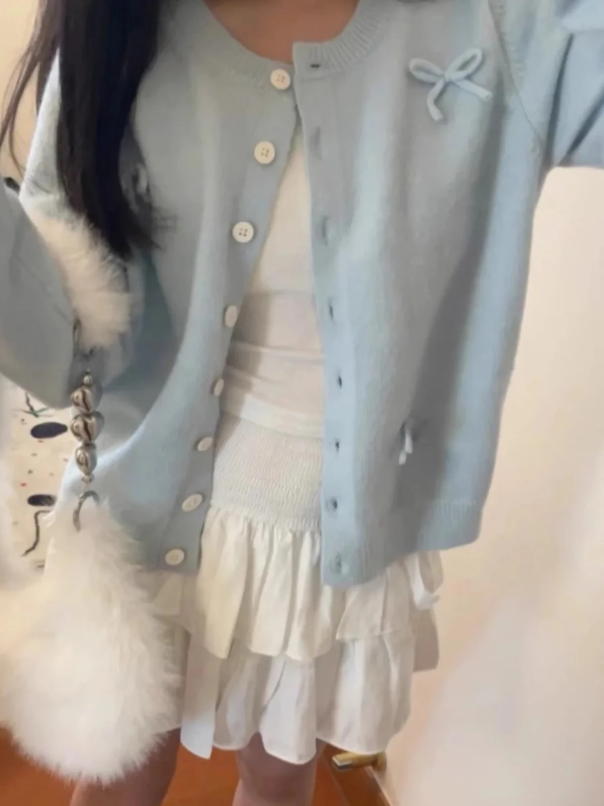 Балетный вязаный кардиган с бантом синий свитер женский милый корейский осенняя